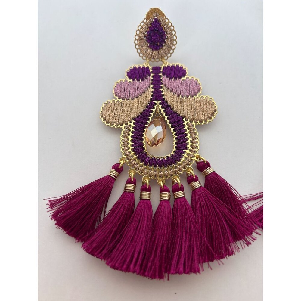 Mercedes Salazar Curubas Drop Earrings Burgundy Tassel Trim Bohemian Clip On - Picture 3 of 9